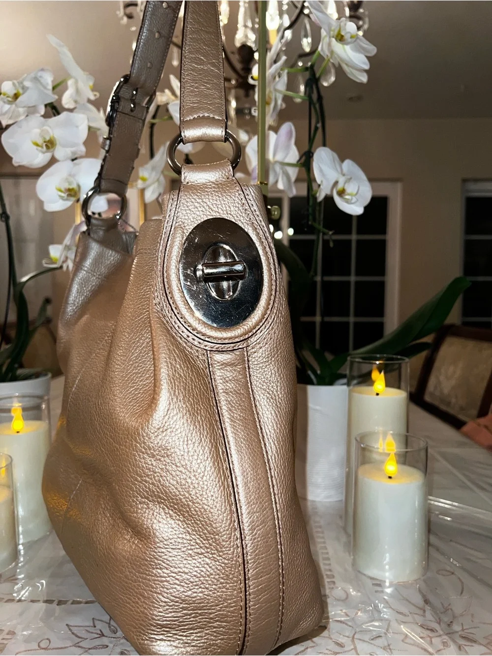 Coach Penelope Pebbled Leather Hobo Shoulder Bag | Metallic Bronze Leather | Lar